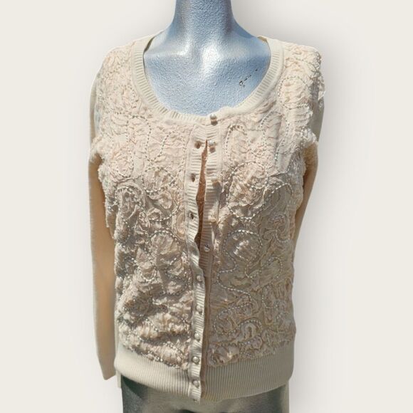 Leo Guy Creamy Ivory Beaded Embroidered Cardigan Tank Set Size 2 - Picture 8 of 16